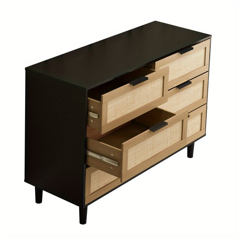 Black Storage Chest Dresser 6 Drawer Rattan Rattan Drawers, Bedroom, Living Room