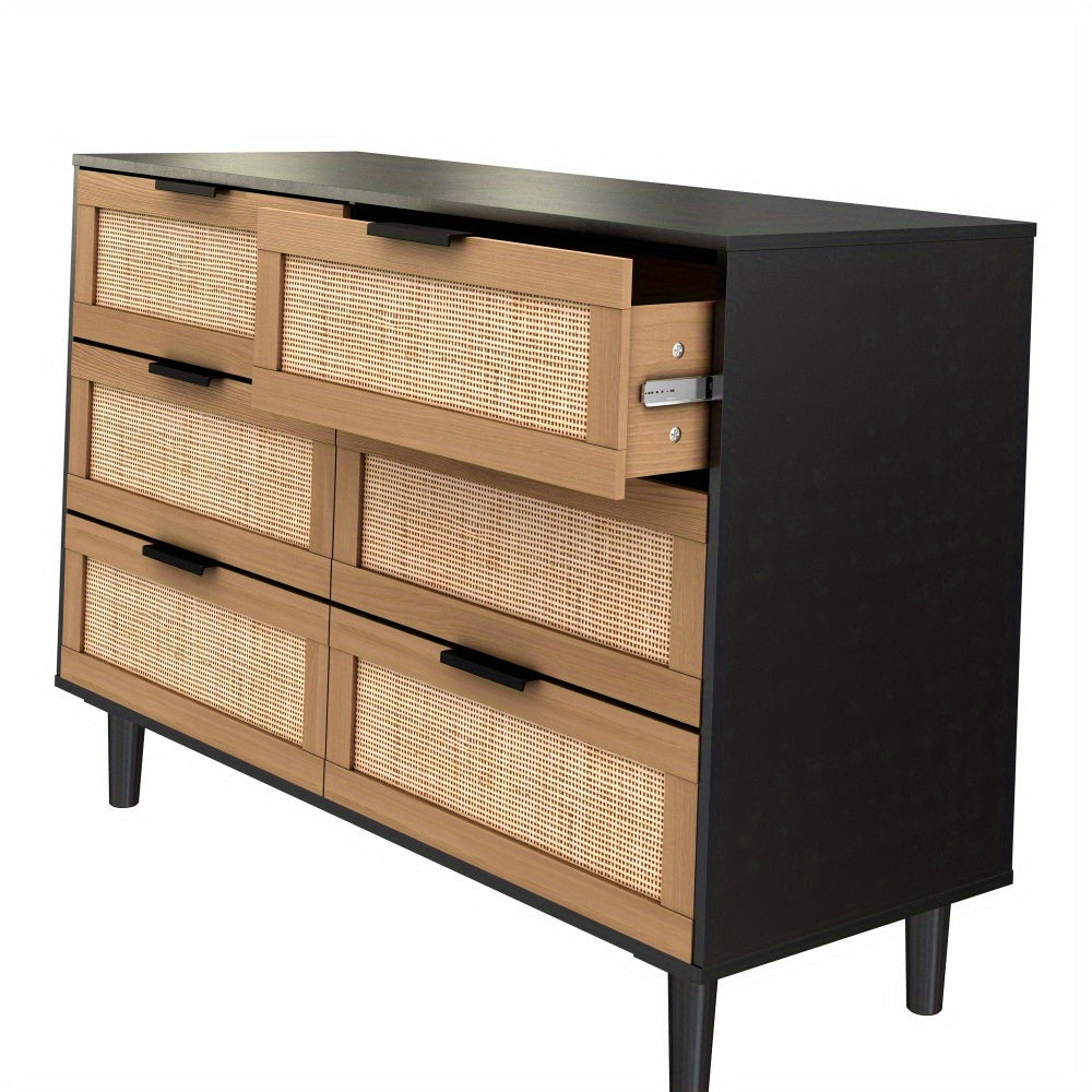 Black Storage Chest Dresser 6 Drawer Rattan Rattan Drawers, Bedroom, Living Room