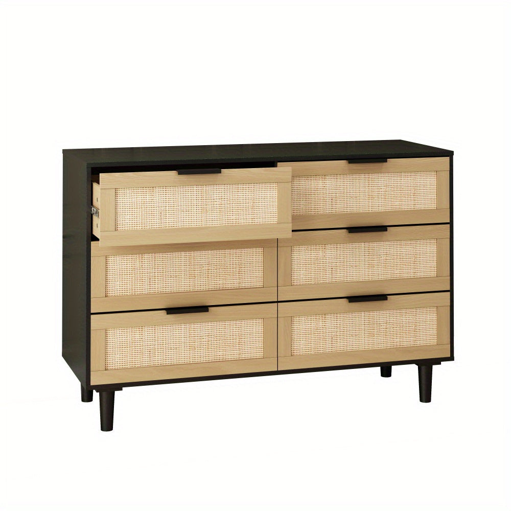 Black Storage Chest Dresser 6 Drawer Rattan Rattan Drawers, Bedroom, Living Room