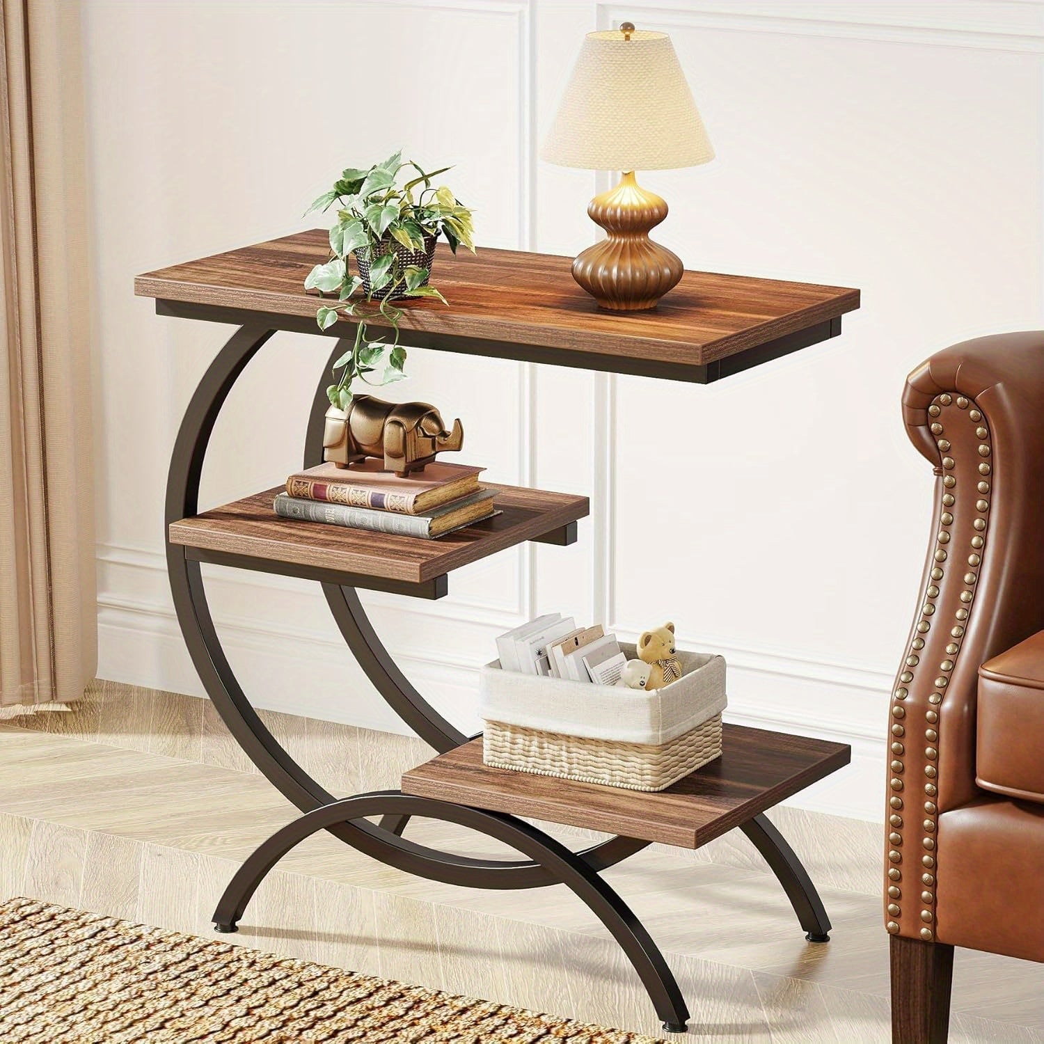 C-Shaped Modern End Table - 3-Tier Side Table for Couch, Wood Bedside Table with Storage Shelves - Dark Brown