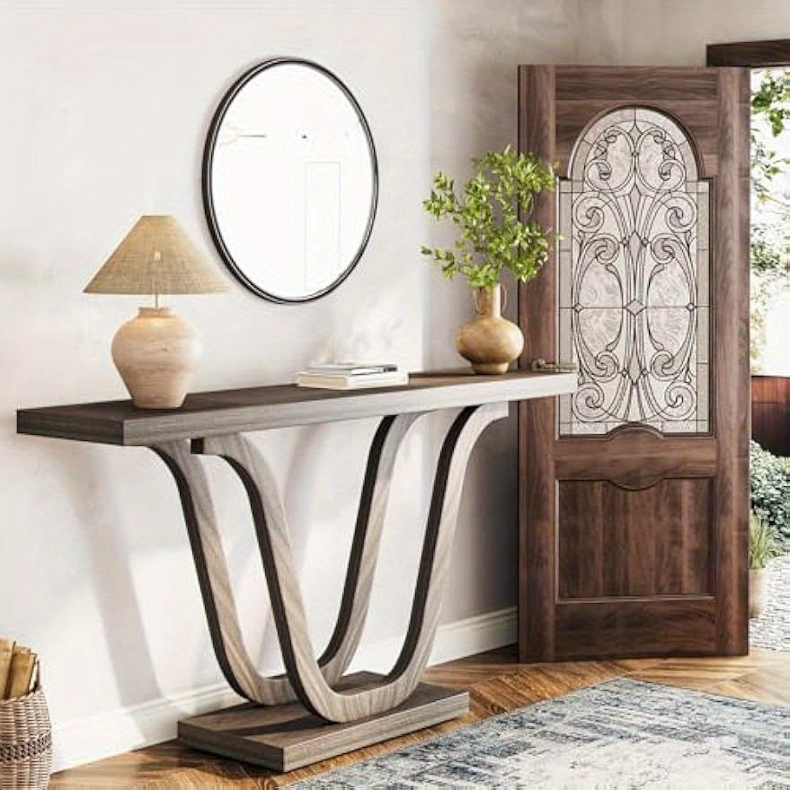 Farmhouse Console Table, 140 cm Wood Entryway Table, Narrow Hallway Table, Behind Couch Table Foyer Table with Double U-Shaped Legs for Entryway, Reception Room, Corridor