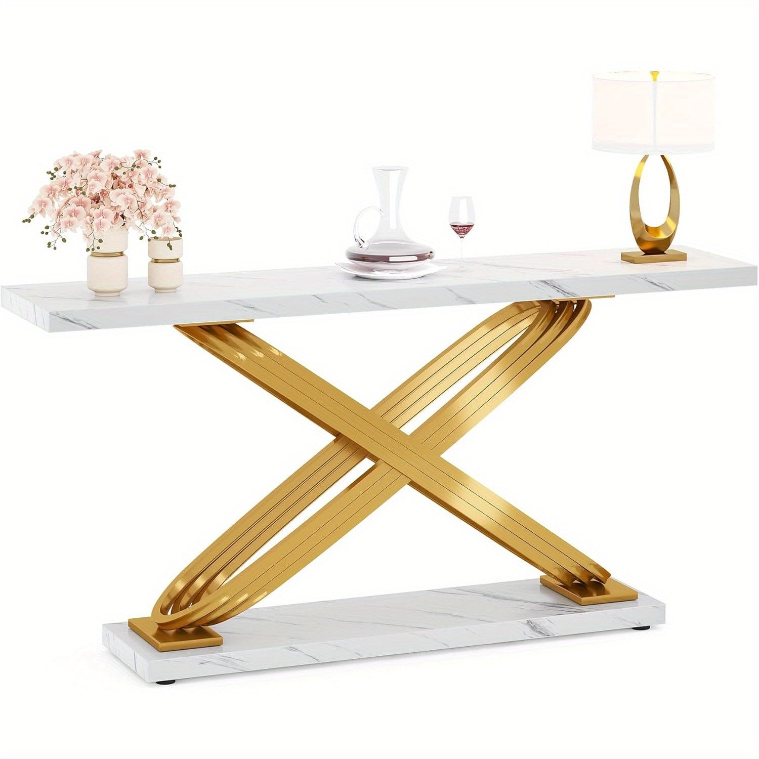 140 cm Modern Console Table, Faux Marble Gold Entryway Table Behind Sofa Couch, Narrow Rectangular Sofa Table for Reception Room, Bedroom, Front Hall, Hallway, Gold & White