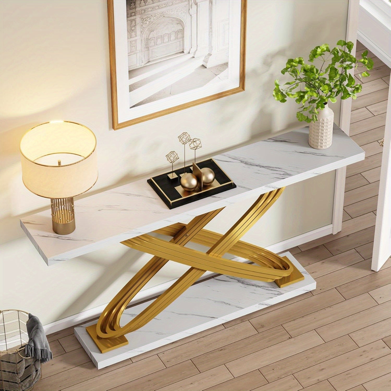 140 cm Modern Console Table, Faux Marble Gold Entryway Table Behind Sofa Couch, Narrow Rectangular Sofa Table for Reception Room, Bedroom, Front Hall, Hallway, Gold & White