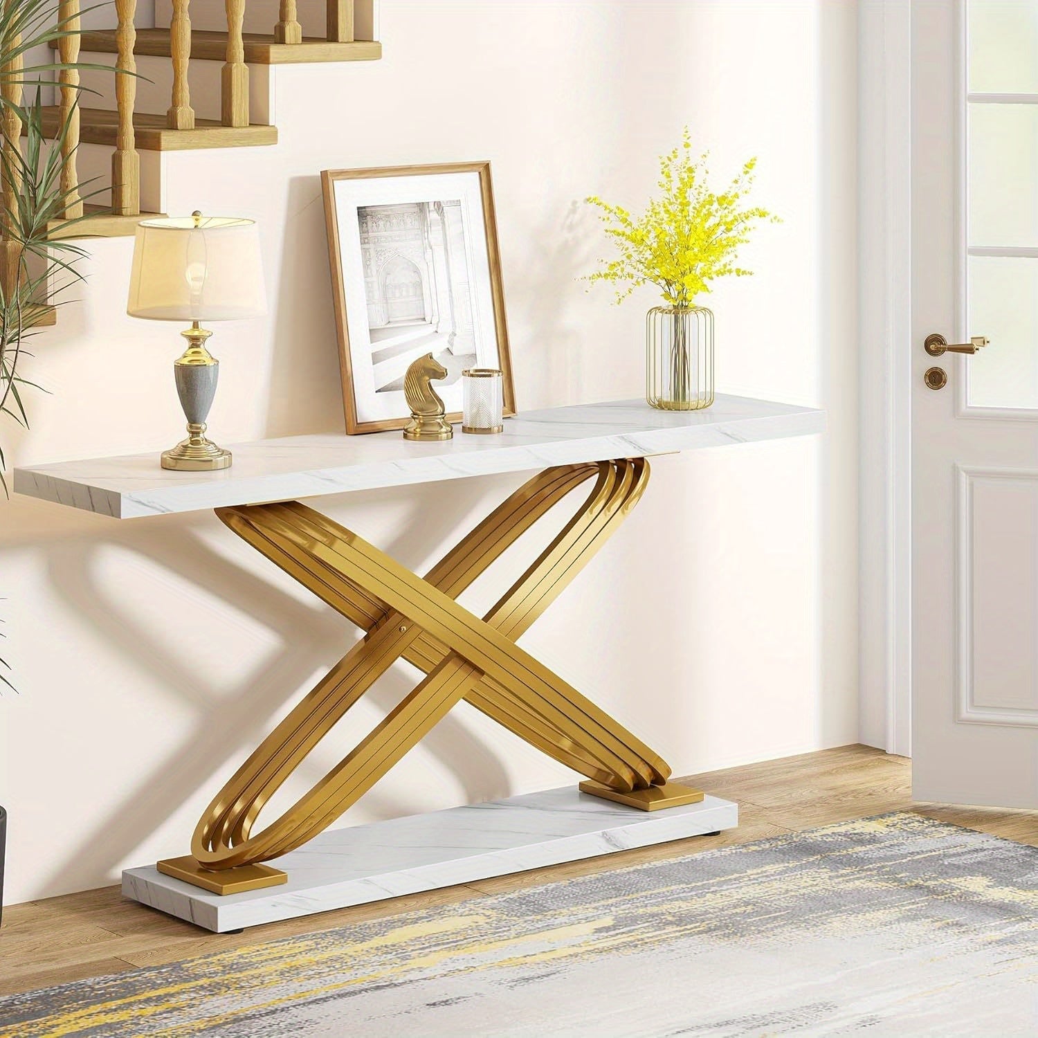 140 cm Modern Console Table, Faux Marble Gold Entryway Table Behind Sofa Couch, Narrow Rectangular Sofa Table for Reception Room, Bedroom, Front Hall, Hallway, Gold & White