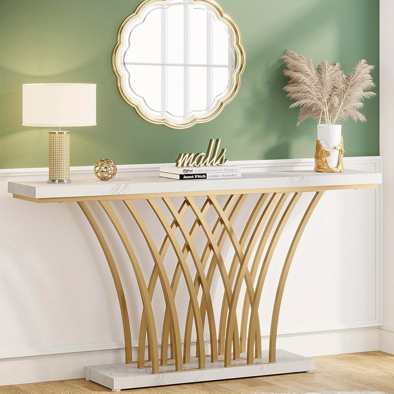 150 cm Gold Console Table, Modern Entryway Table with Grid-Shaped Metal Base for Entrance, Hallway, Entryway, Living Room (White Faux Marble & Gold)