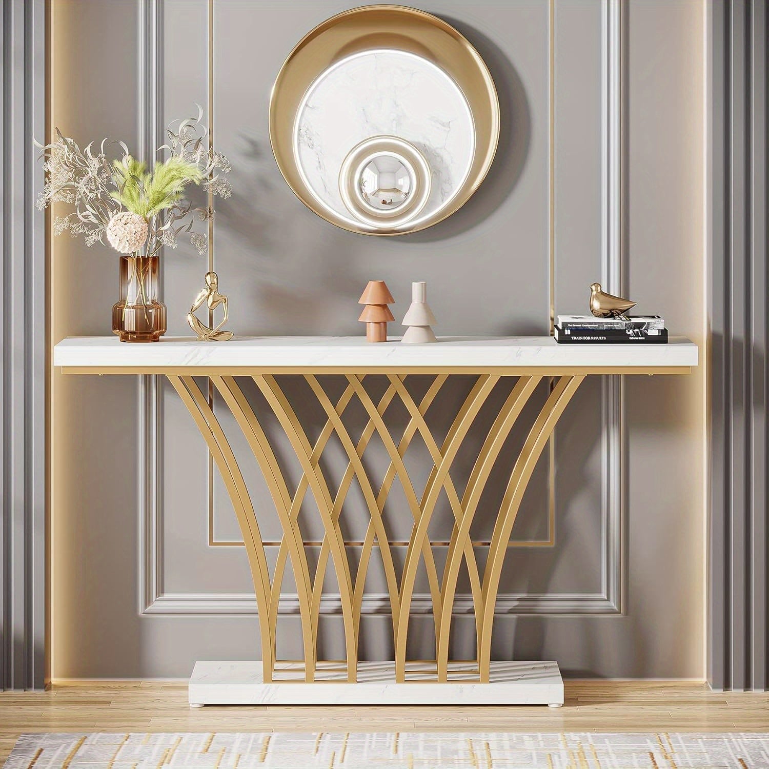 150 cm Gold Console Table, Modern Entryway Table with Grid-Shaped Metal Base for Entrance, Hallway, Entryway, Living Room (White Faux Marble & Gold)