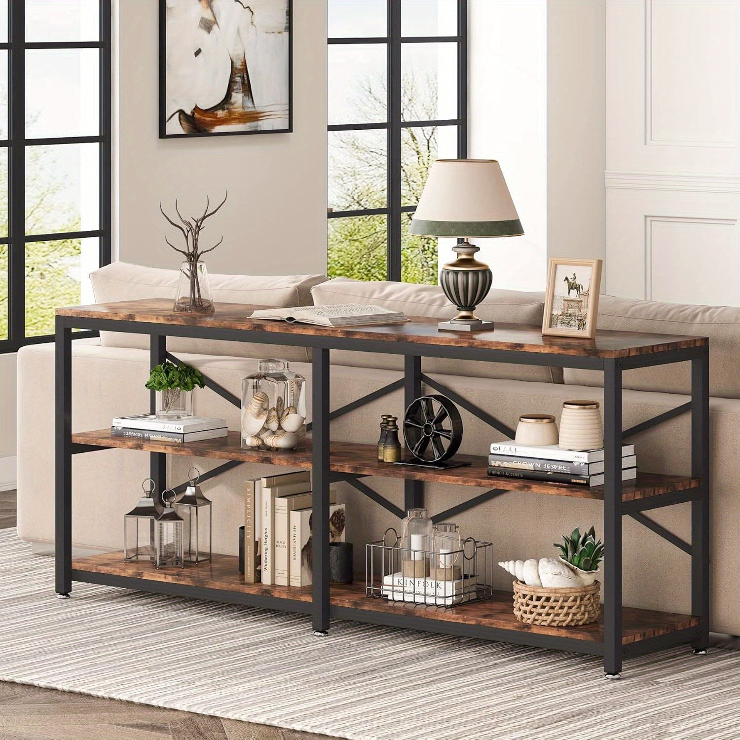 180 cm Extra Long Console Table, Modern Sofa Table Behind Couch Table with Storage Shelves, 3-Tier Industrial Hallway Entryway Table for Reception Room, 3 Shelf Bookshelf (Brown)