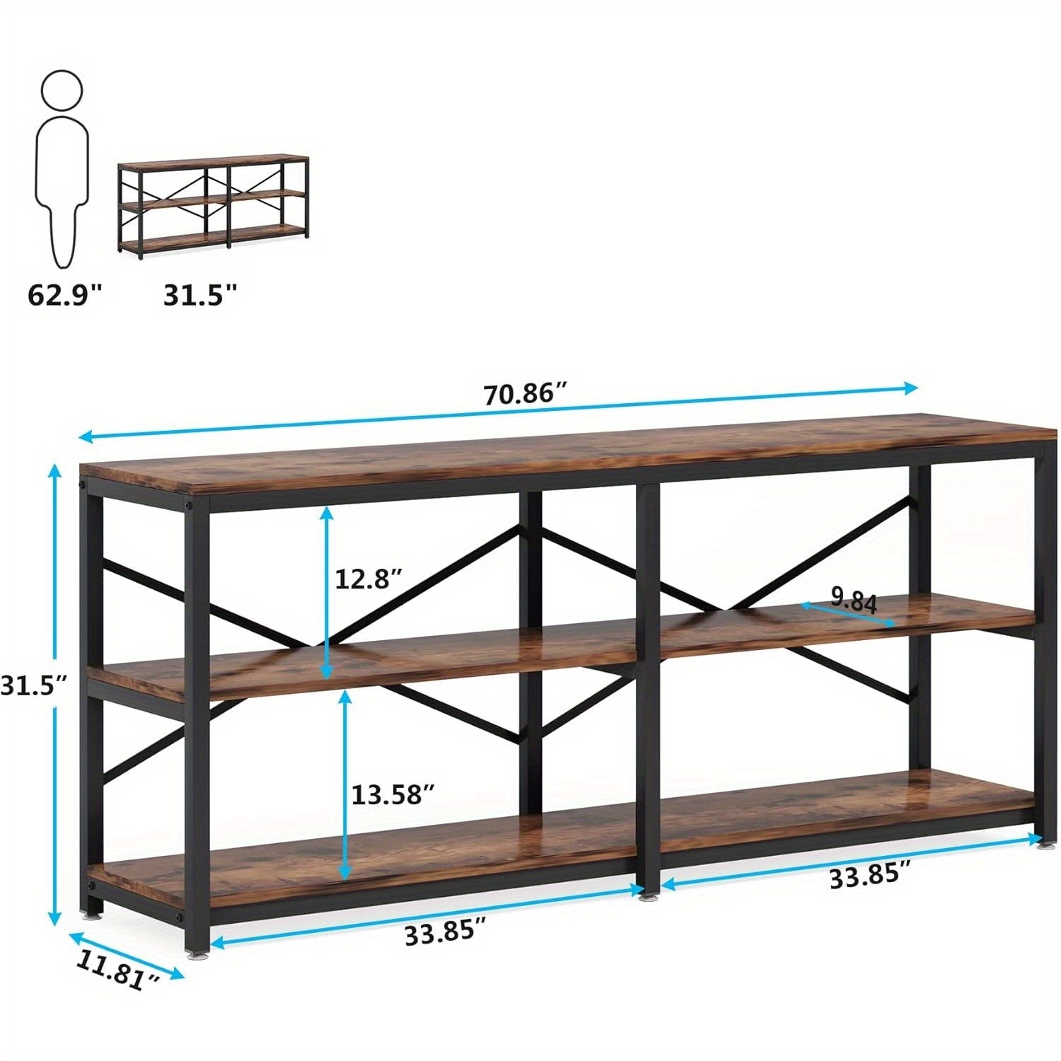 180 cm Extra Long Console Table, Modern Sofa Table Behind Couch Table with Storage Shelves, 3-Tier Industrial Hallway Entryway Table for Reception Room, 3 Shelf Bookshelf (Brown)