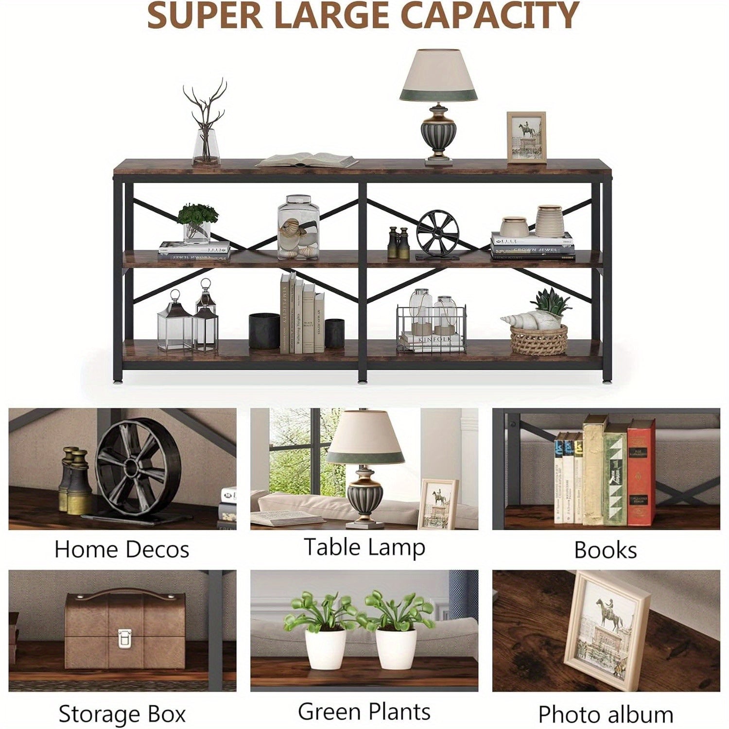 180 cm Extra Long Console Table, Modern Sofa Table Behind Couch Table with Storage Shelves, 3-Tier Industrial Hallway Entryway Table for Reception Room, 3 Shelf Bookshelf (Brown)