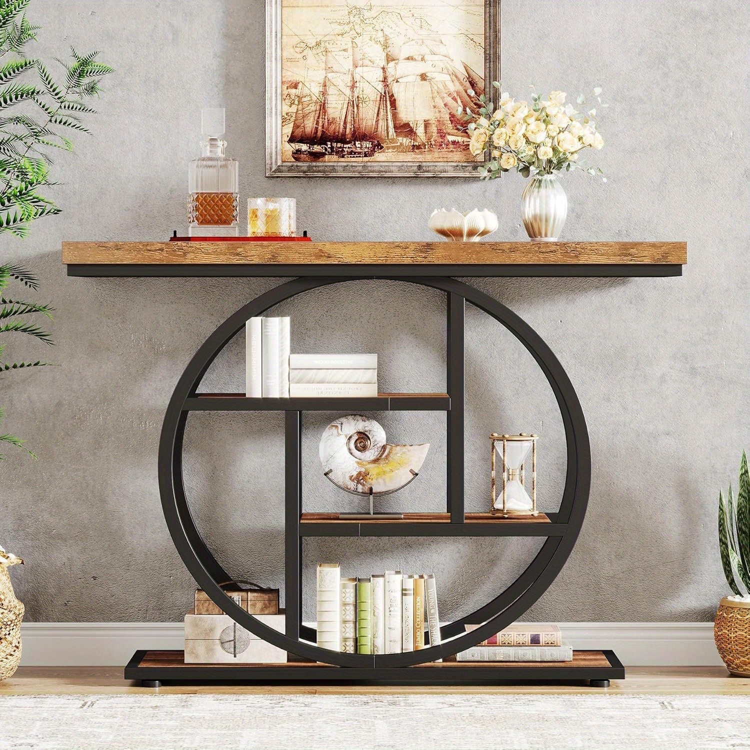 105.5 cm Console Table, Modern 4-Tier Sofa Table Entryway Table with Circle Base, Narrow Wood Accent Tables with Storage Shelves for Living Room, Hallway, Foyer, Christmas Renewal