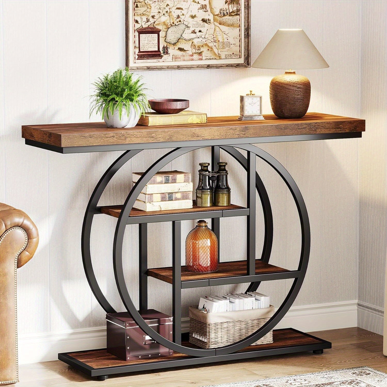 105.5 cm Console Table, Modern 4-Tier Sofa Table Entryway Table with Circle Base, Narrow Wood Accent Tables with Storage Shelves for Living Room, Hallway, Foyer, Christmas Renewal