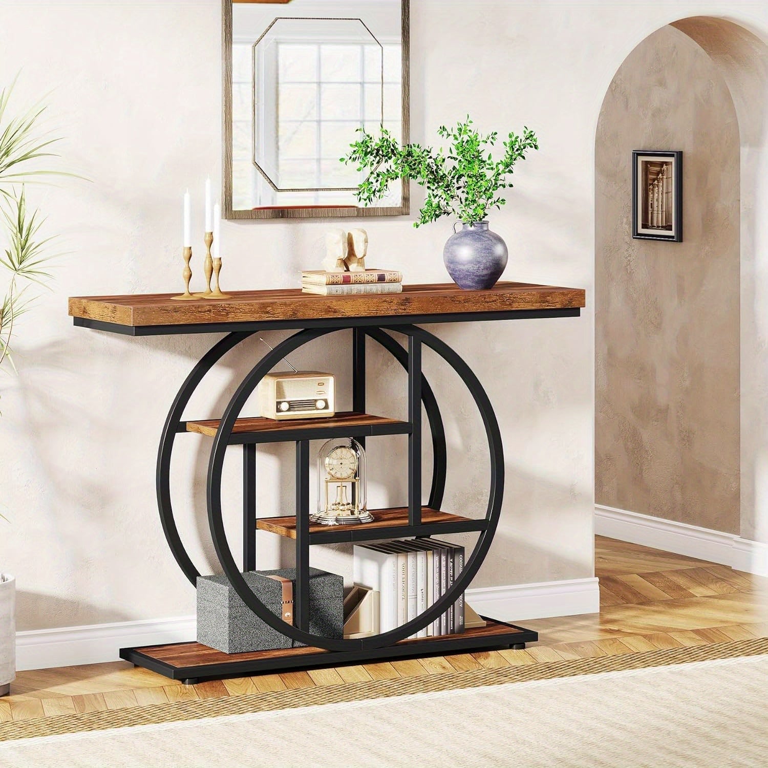 105.5 cm Console Table, Modern 4-Tier Sofa Table Entryway Table with Circle Base, Narrow Wood Accent Tables with Storage Shelves for Living Room, Hallway, Foyer, Christmas Renewal