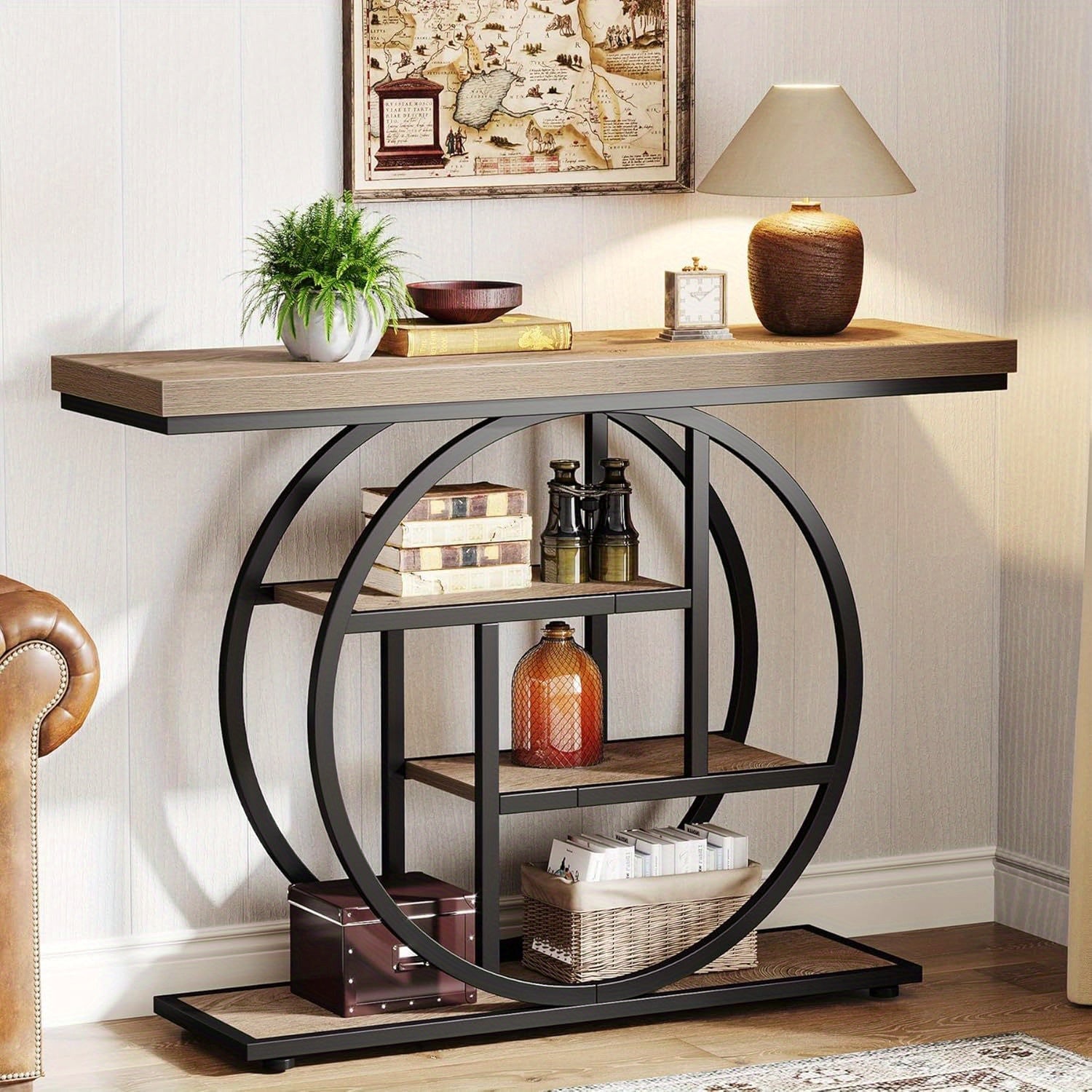 105.5 cm Console Table, Modern 4-Tier Sofa Table Entryway Table with Circle Base, Narrow Wood Accent Tables with Storage Shelves for Living Room, Hallway, Foyer, Christmas Renewal