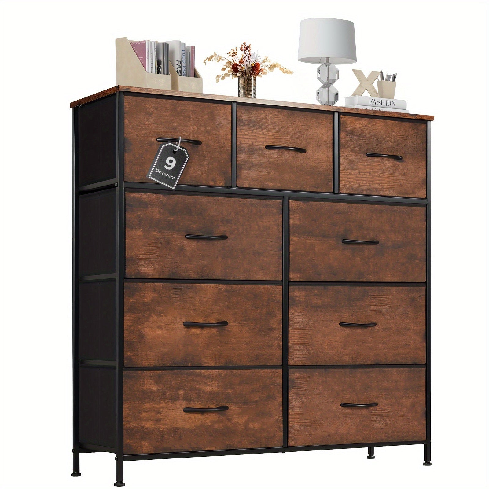 Dresser, Tall Dresser for Bedroom, Drawer Dresser Organizer Storage Drawers with 9 Drawers, Chest of Drawers with Fabric Bin, Steel Frame, Wood Top for Bedroom, Closet, Entryway;Foldable Storage Ottoman Bench with Storage Che