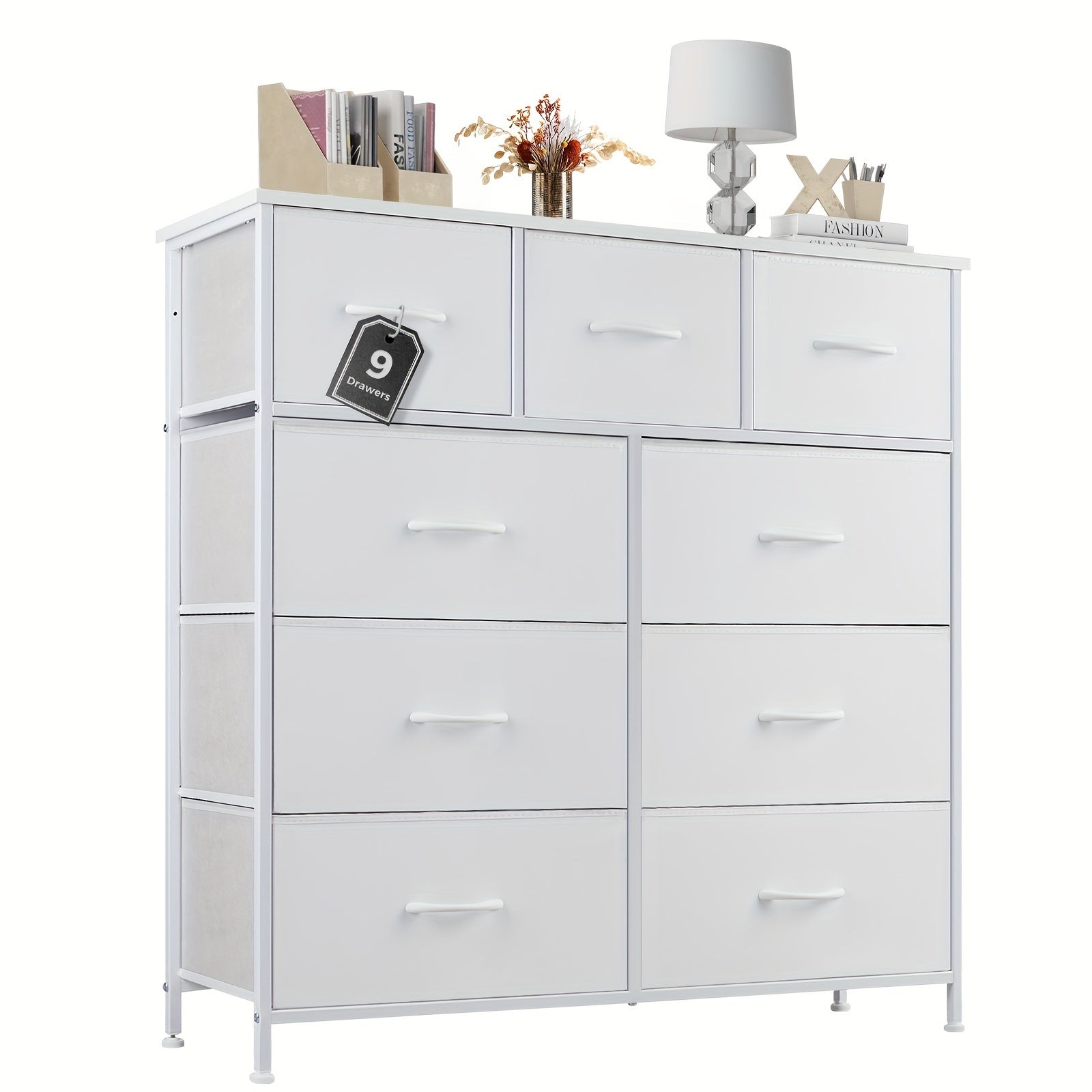 Dresser, Tall Dresser for Bedroom, Drawer Dresser Organizer Storage Drawers with 9 Drawers, Chest of Drawers with Fabric Bin, Steel Frame, Wood Top for Bedroom, Closet, Entryway;Foldable Storage Ottoman Bench with Storage Che