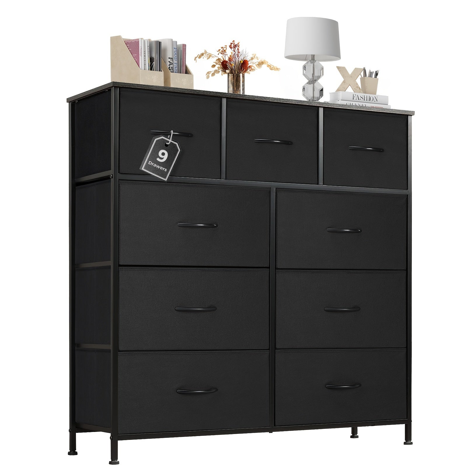 Dresser, Tall Dresser for Bedroom, Drawer Dresser Organizer Storage Drawers with 9 Drawers, Chest of Drawers with Fabric Bin, Steel Frame, Wood Top for Bedroom, Closet, Entryway;Foldable Storage Ottoman Bench with Storage Che