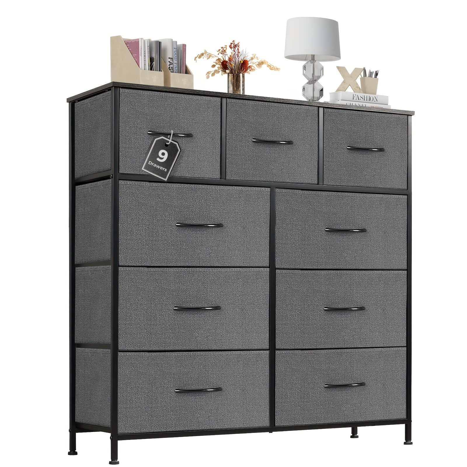 Dresser, Tall Dresser for Bedroom, Drawer Dresser Organizer Storage Drawers with 9 Drawers, Chest of Drawers with Fabric Bin, Steel Frame, Wood Top for Bedroom, Closet, Entryway;Foldable Storage Ottoman Bench with Storage Che