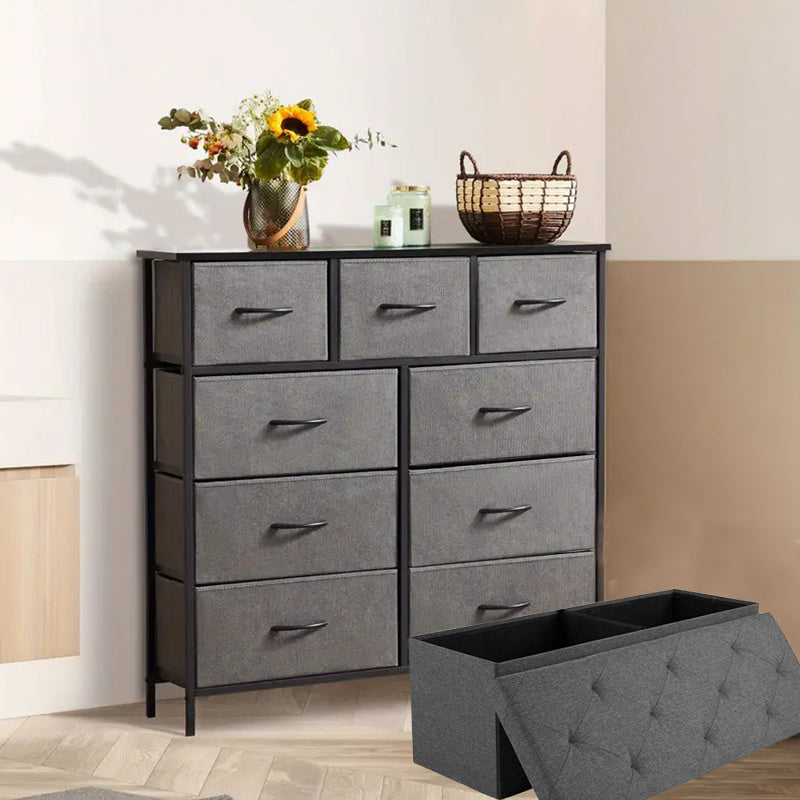 Dresser, Tall Dresser for Bedroom, Drawer Dresser Organizer Storage Drawers with 9 Drawers, Chest of Drawers with Fabric Bin, Steel Frame, Wood Top for Bedroom, Closet, Entryway;Foldable Storage Ottoman Bench with Storage Che