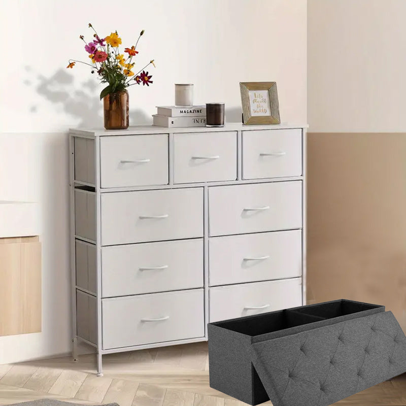 Dresser, Tall Dresser for Bedroom, Drawer Dresser Organizer Storage Drawers with 9 Drawers, Chest of Drawers with Fabric Bin, Steel Frame, Wood Top for Bedroom, Closet, Entryway;Foldable Storage Ottoman Bench with Storage Che