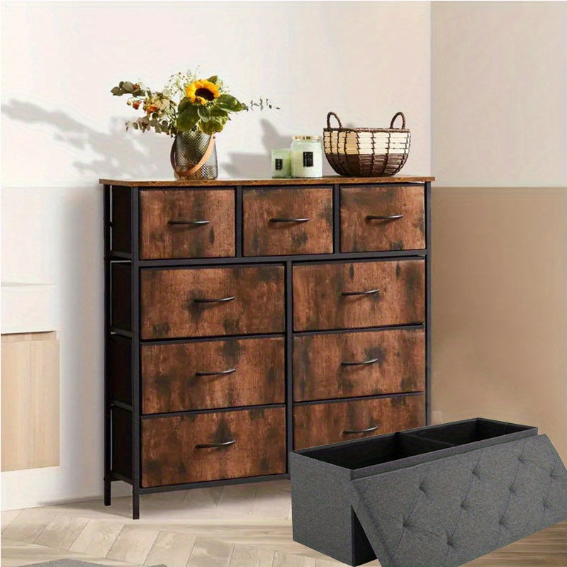 Dresser, Tall Dresser for Bedroom, Drawer Dresser Organizer Storage Drawers with 9 Drawers, Chest of Drawers with Fabric Bin, Steel Frame, Wood Top for Bedroom, Closet, Entryway;Foldable Storage Ottoman Bench with Storage Che