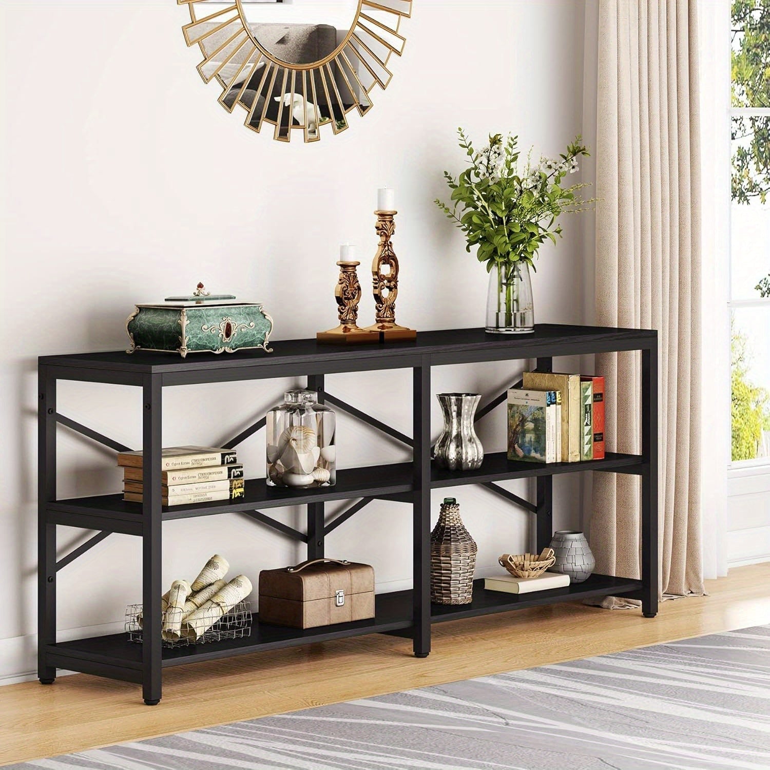 180 cm Extra Long Console Table, Modern Sofa Table Behind Couch Table with Storage Shelves, 3-Tier Industrial Hallway Entryway Table for Living Room, 3 Shelf Bookshelf (Black)