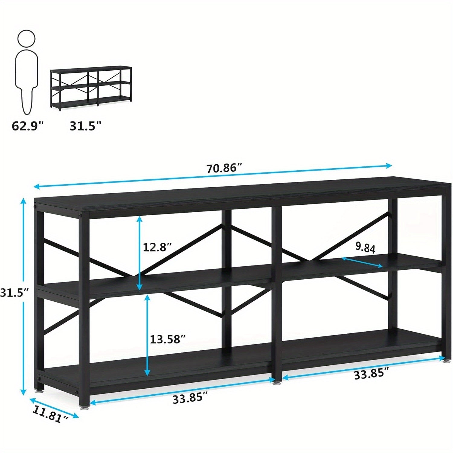 180 cm Extra Long Console Table, Modern Sofa Table Behind Couch Table with Storage Shelves, 3-Tier Industrial Hallway Entryway Table for Living Room, 3 Shelf Bookshelf (Black)