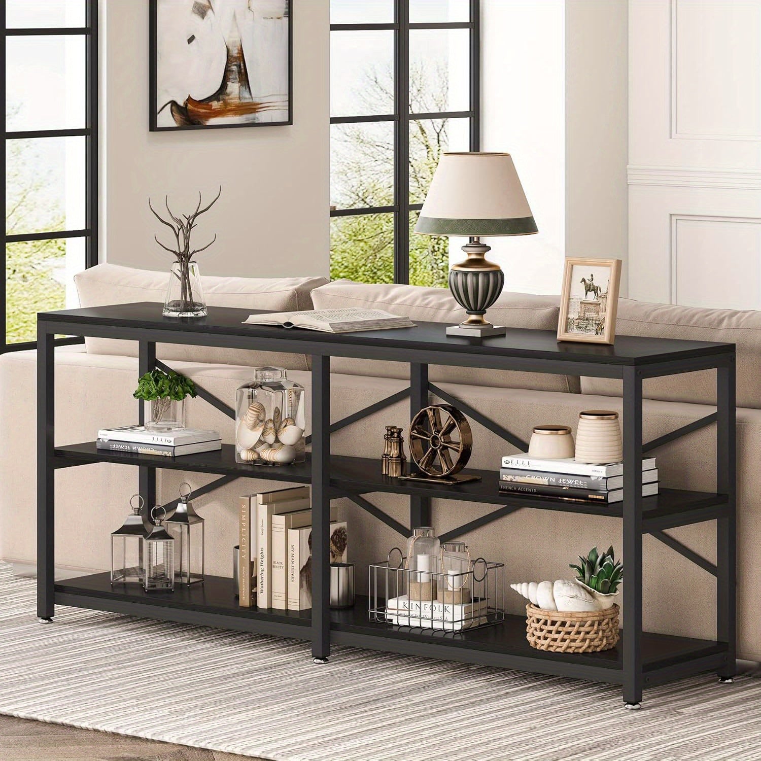 180 cm Extra Long Console Table, Modern Sofa Table Behind Couch Table with Storage Shelves, 3-Tier Industrial Hallway Entryway Table for Living Room, 3 Shelf Bookshelf (Black)