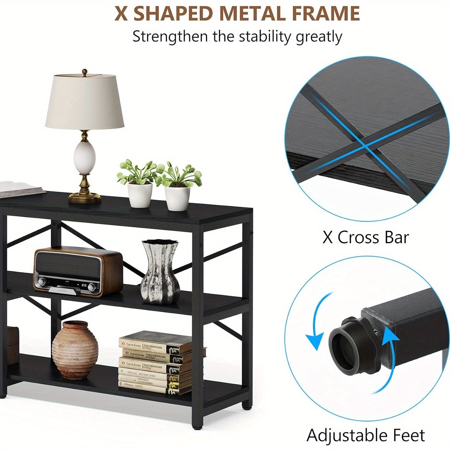 180 cm Extra Long Console Table, Modern Sofa Table Behind Couch Table with Storage Shelves, 3-Tier Industrial Hallway Entryway Table for Living Room, 3 Shelf Bookshelf (Black)