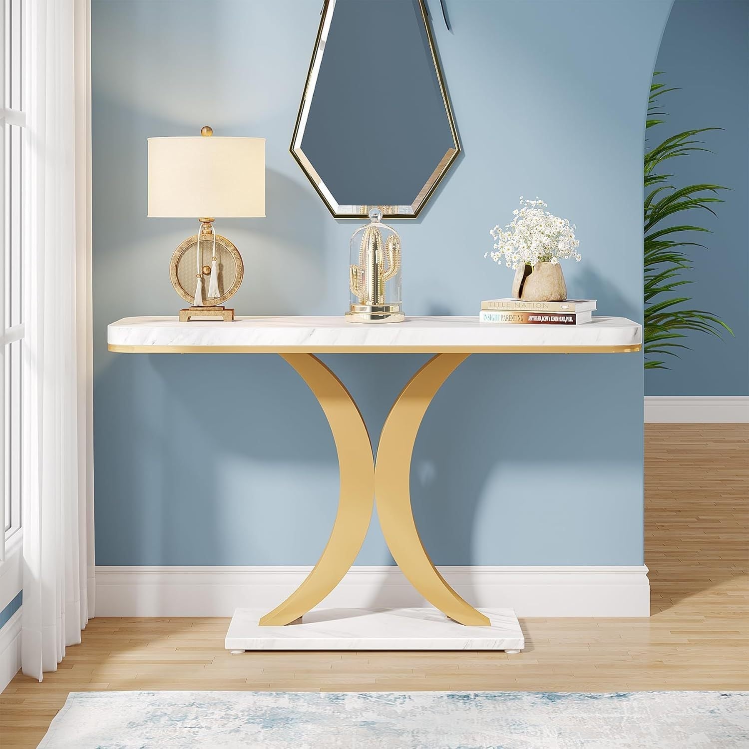 Modern Golden Console Table, 101.6 cm Narrow Entryway Foyer Table with Geometric Base, Rustic Hallway Accent Table for Reception Room, Entrance, White and Golden