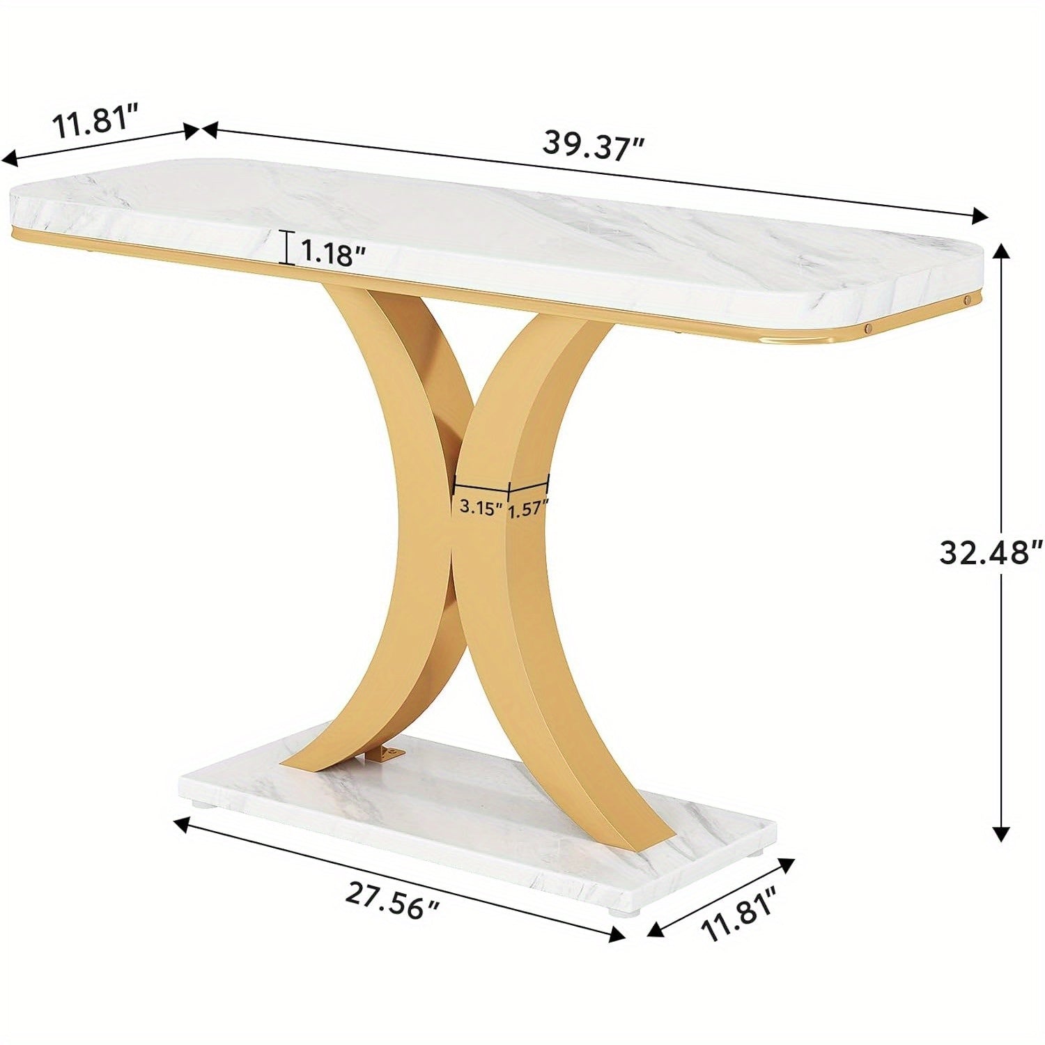 Modern Golden Console Table, 101.6 cm Narrow Entryway Foyer Table with Geometric Base, Rustic Hallway Accent Table for Reception Room, Entrance, White and Golden