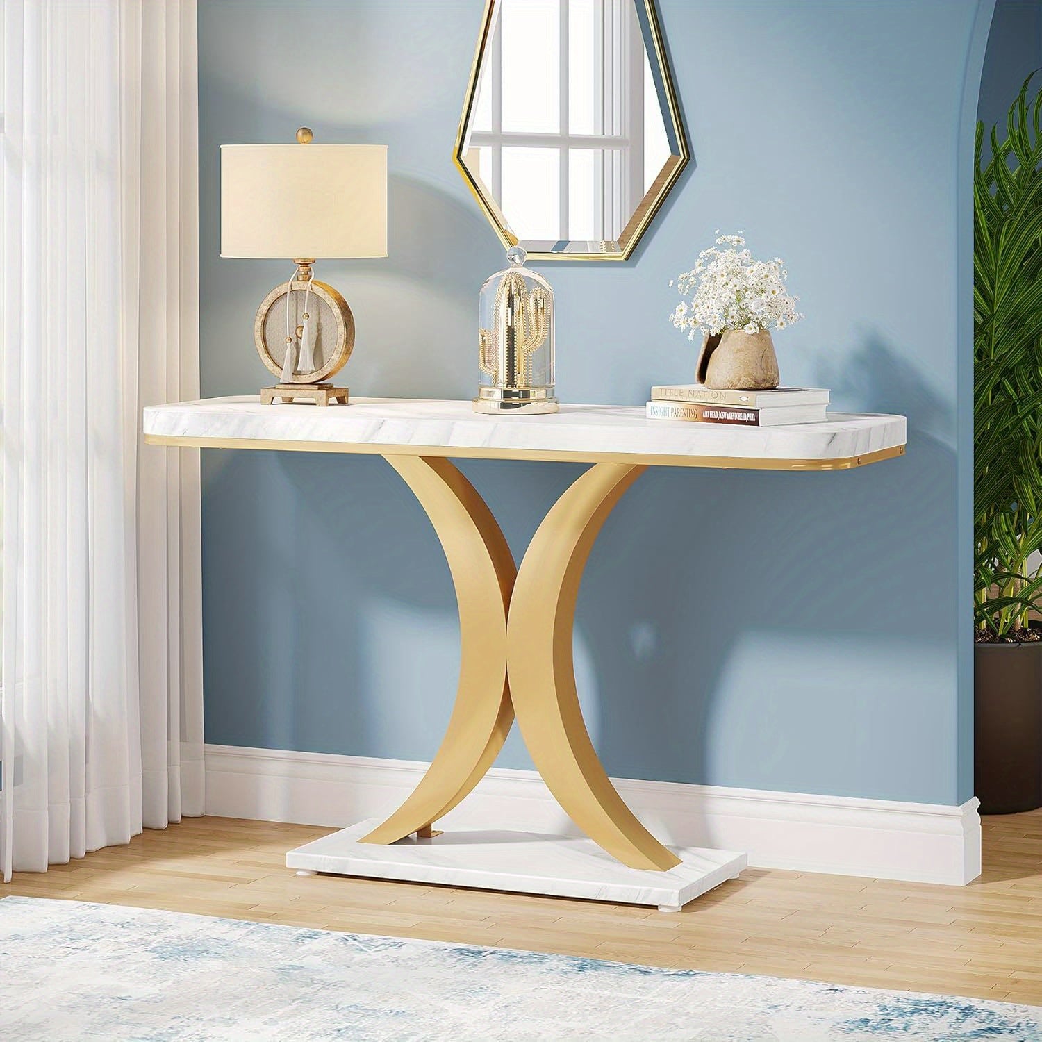 Modern Golden Console Table, 101.6 cm Narrow Entryway Foyer Table with Geometric Base, Rustic Hallway Accent Table for Reception Room, Entrance, White and Golden