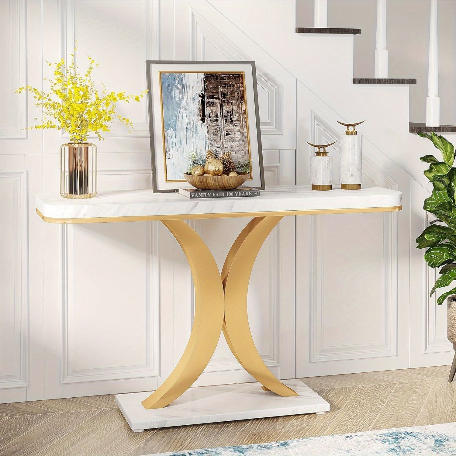 Modern Golden Console Table, 101.6 cm Narrow Entryway Foyer Table with Geometric Base, Rustic Hallway Accent Table for Reception Room, Entrance, White and Golden