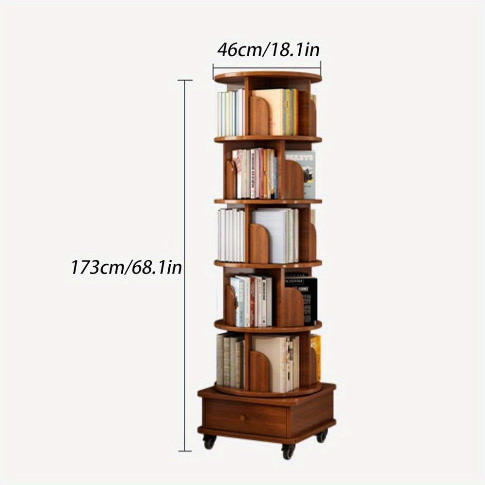 Rotating Bookshelf, 360 Display Corner Bookshelf for Small Space, 6 Tier Bookcase Storage Rack with Wheels, Wood Narrow Organizer for Bedroom, Living Room, Study Room, Walnut Brown