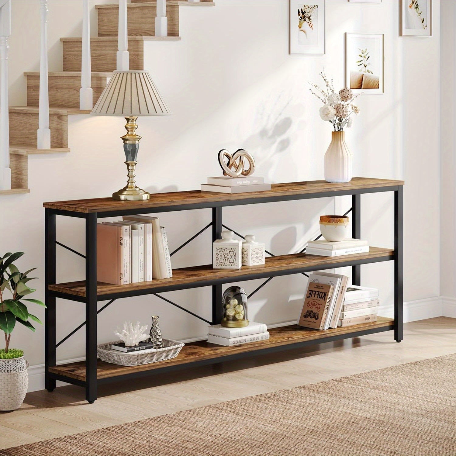 180 cm Console Table, 3-Tier Industrial Sofa Table with Metal Frame, Modern Behind Couch Table with Storage Shelves for Living Room Entryway Hallway Foyer (Brown and Black)