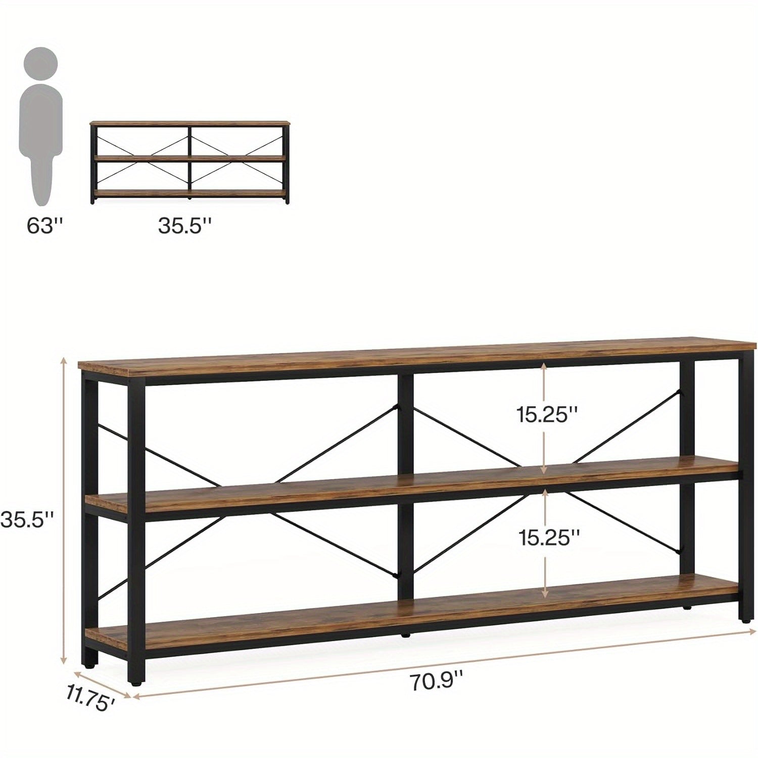 180 cm Console Table, 3-Tier Industrial Sofa Table with Metal Frame, Modern Behind Couch Table with Storage Shelves for Living Room Entryway Hallway Foyer (Brown and Black)