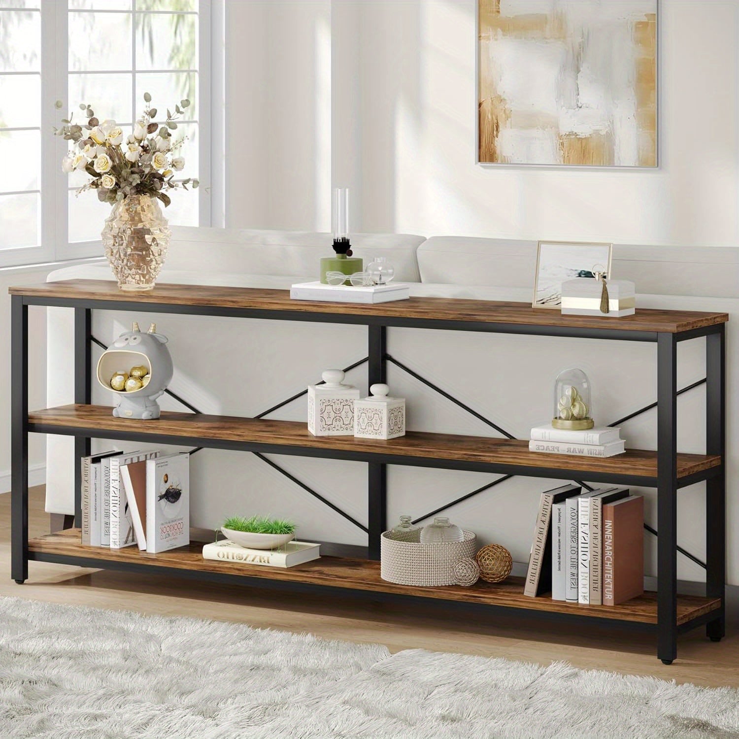 180 cm Console Table, 3-Tier Industrial Sofa Table with Metal Frame, Modern Behind Couch Table with Storage Shelves for Living Room Entryway Hallway Foyer (Brown and Black)