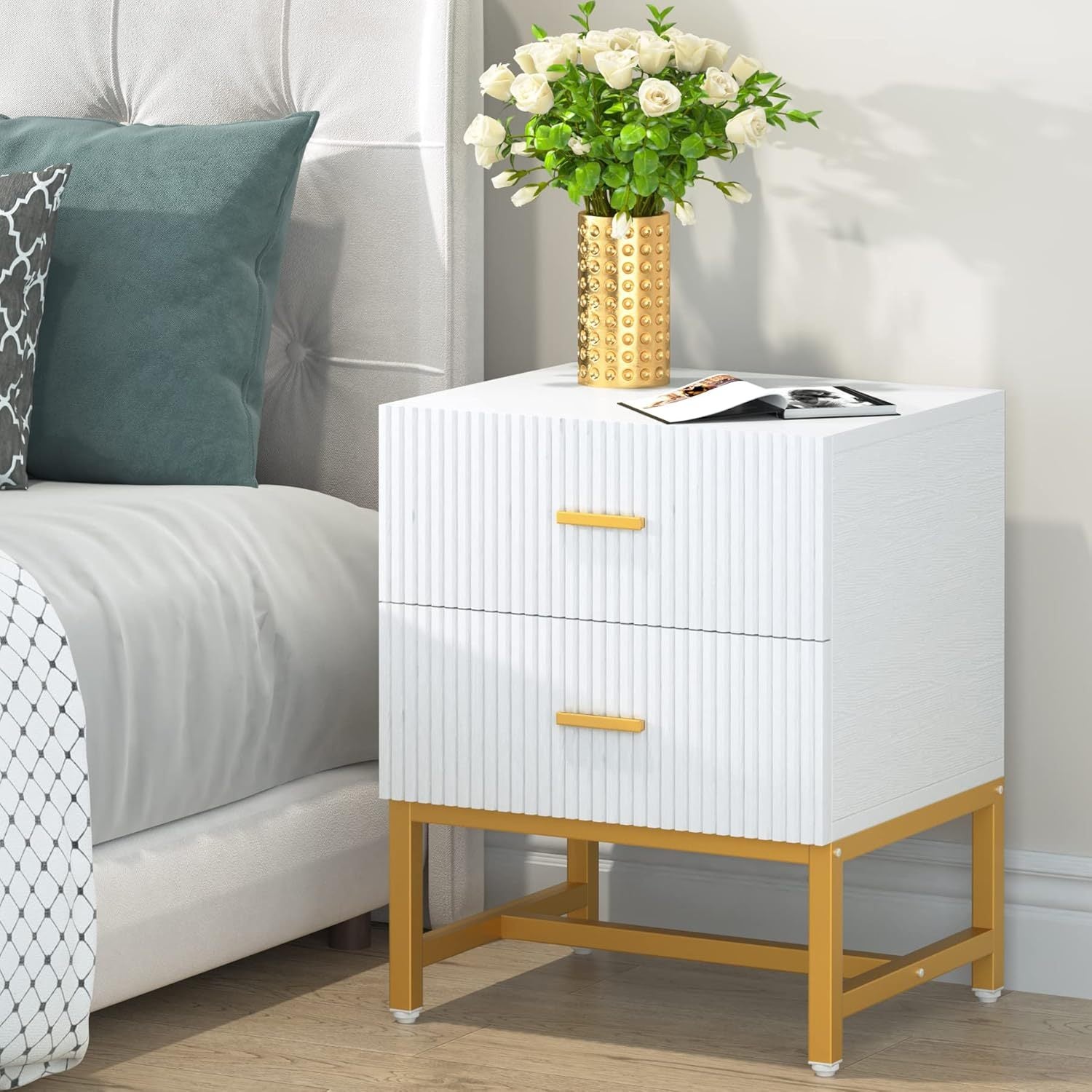 2-Drawer Nightstand, Modern Fluted Night Stands Bed Side Table with Storage, Wood End Table Accent Table for Bedroom, Living Room, Small Spaces, White