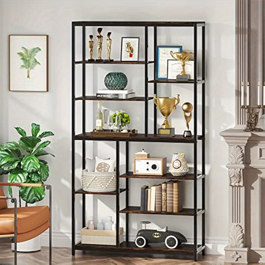 200cm Tall Bookcase with Open Shelves, 9-Tier Industrial Bookshelf, 10 Cubes Etagere Storage Shelves Display Shelf for Home Office, Vintage Brown & Black