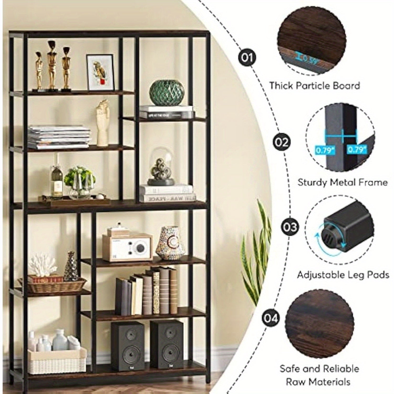 200cm Tall Bookcase with Open Shelves, 9-Tier Industrial Bookshelf, 10 Cubes Etagere Storage Shelves Display Shelf for Home Office, Vintage Brown & Black