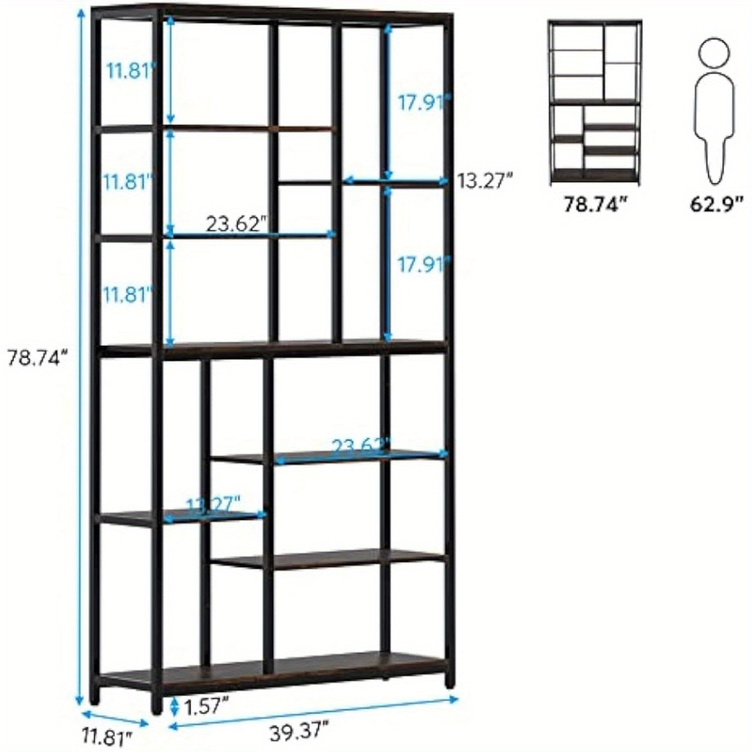 200cm Tall Bookcase with Open Shelves, 9-Tier Industrial Bookshelf, 10 Cubes Etagere Storage Shelves Display Shelf for Home Office, Vintage Brown & Black