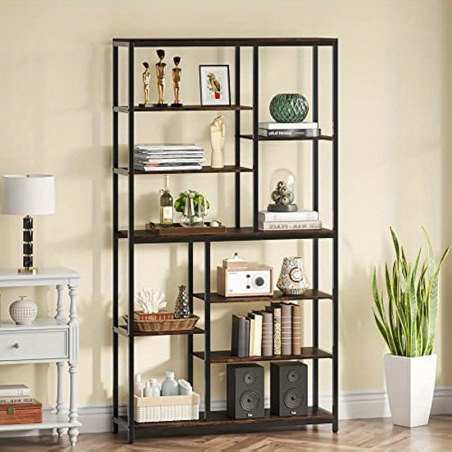 200cm Tall Bookcase with Open Shelves, 9-Tier Industrial Bookshelf, 10 Cubes Etagere Storage Shelves Display Shelf for Home Office, Vintage Brown & Black