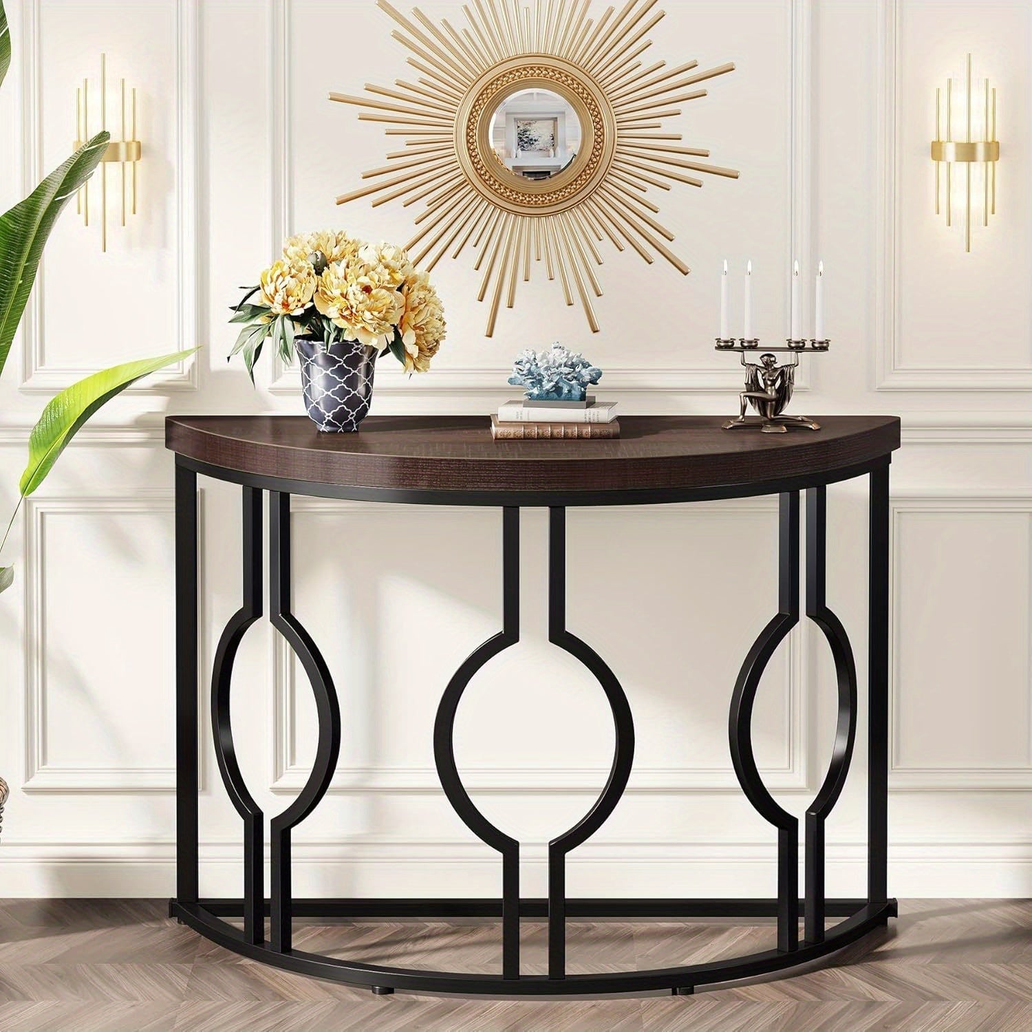 Half Moon Console Table for Entryway, 109 cm Industrial Semi Circle Sofa Table with Geometric Base, Wood Accent Table for Living Room, Hallway, Foyer, Entrance