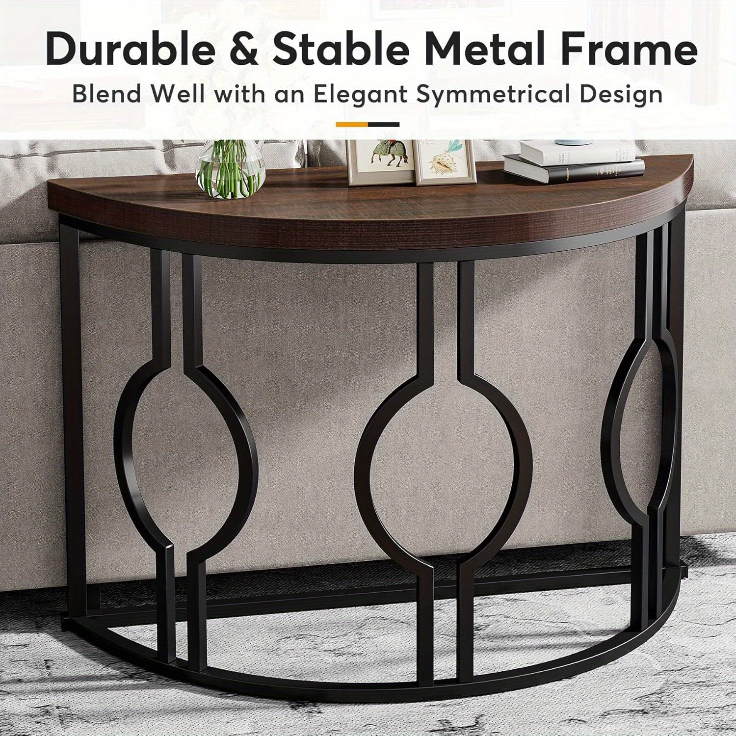 Half Moon Console Table for Entryway, 109 cm Industrial Semi Circle Sofa Table with Geometric Base, Wood Accent Table for Living Room, Hallway, Foyer, Entrance