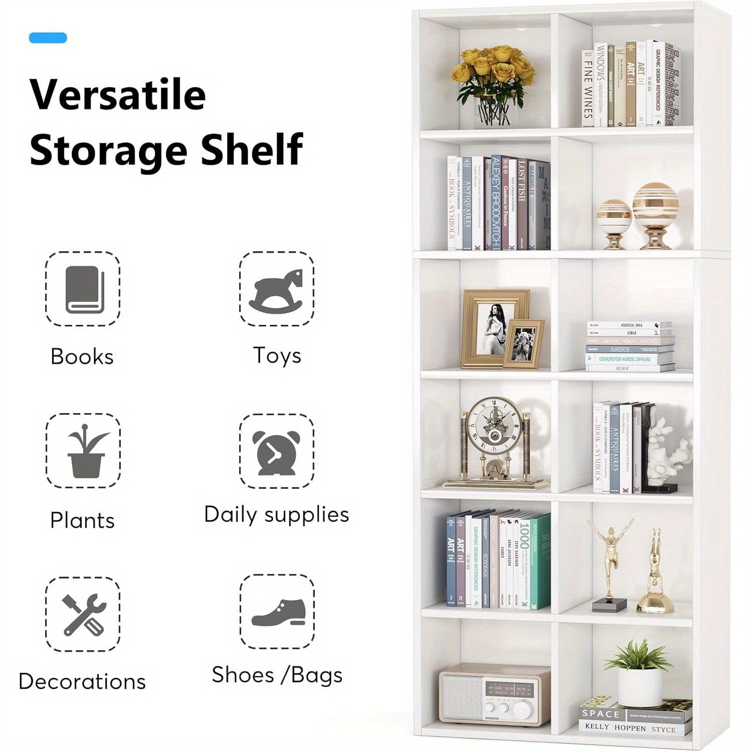 182cm Tall Narrow Bookcase Bookshelf, White Modern Bookcase with 12 Cube Storage for Home Office, Vertical or Horizontal