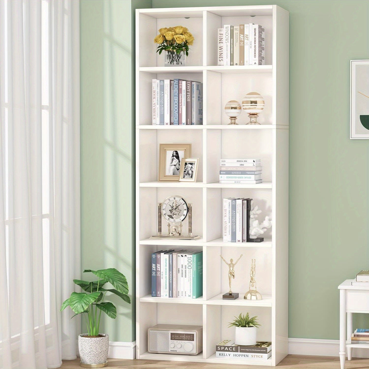 182cm Tall Narrow Bookcase Bookshelf, White Modern Bookcase with 12 Cube Storage for Home Office, Vertical or Horizontal