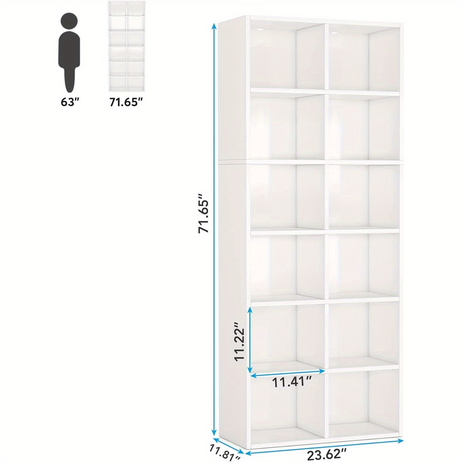 182cm Tall Narrow Bookcase Bookshelf, White Modern Bookcase with 12 Cube Storage for Home Office, Vertical or Horizontal