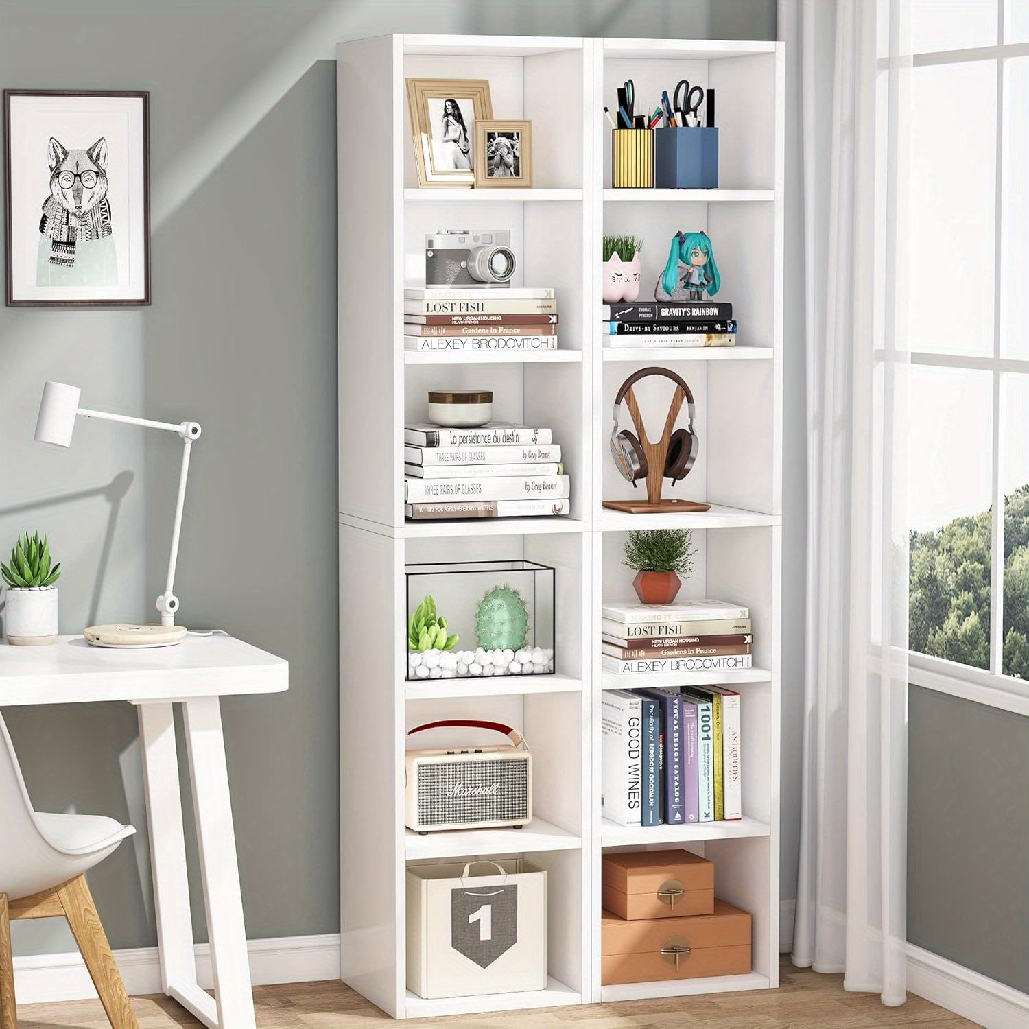 182cm Tall Narrow Bookcase Bookshelf, White Modern Bookcase with 12 Cube Storage for Home Office, Vertical or Horizontal