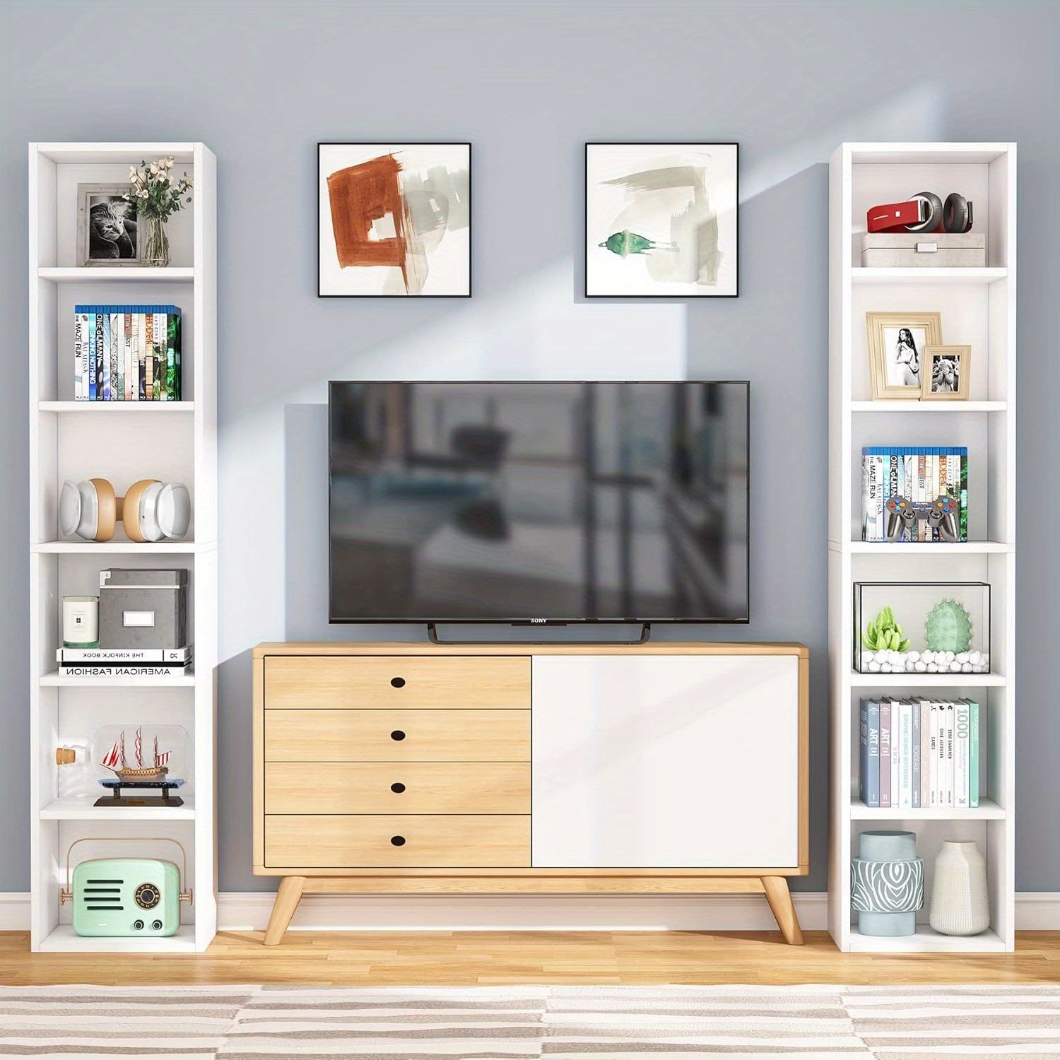 182cm Tall Narrow Bookcase Bookshelf, White Modern Bookcase with 12 Cube Storage for Home Office, Vertical or Horizontal