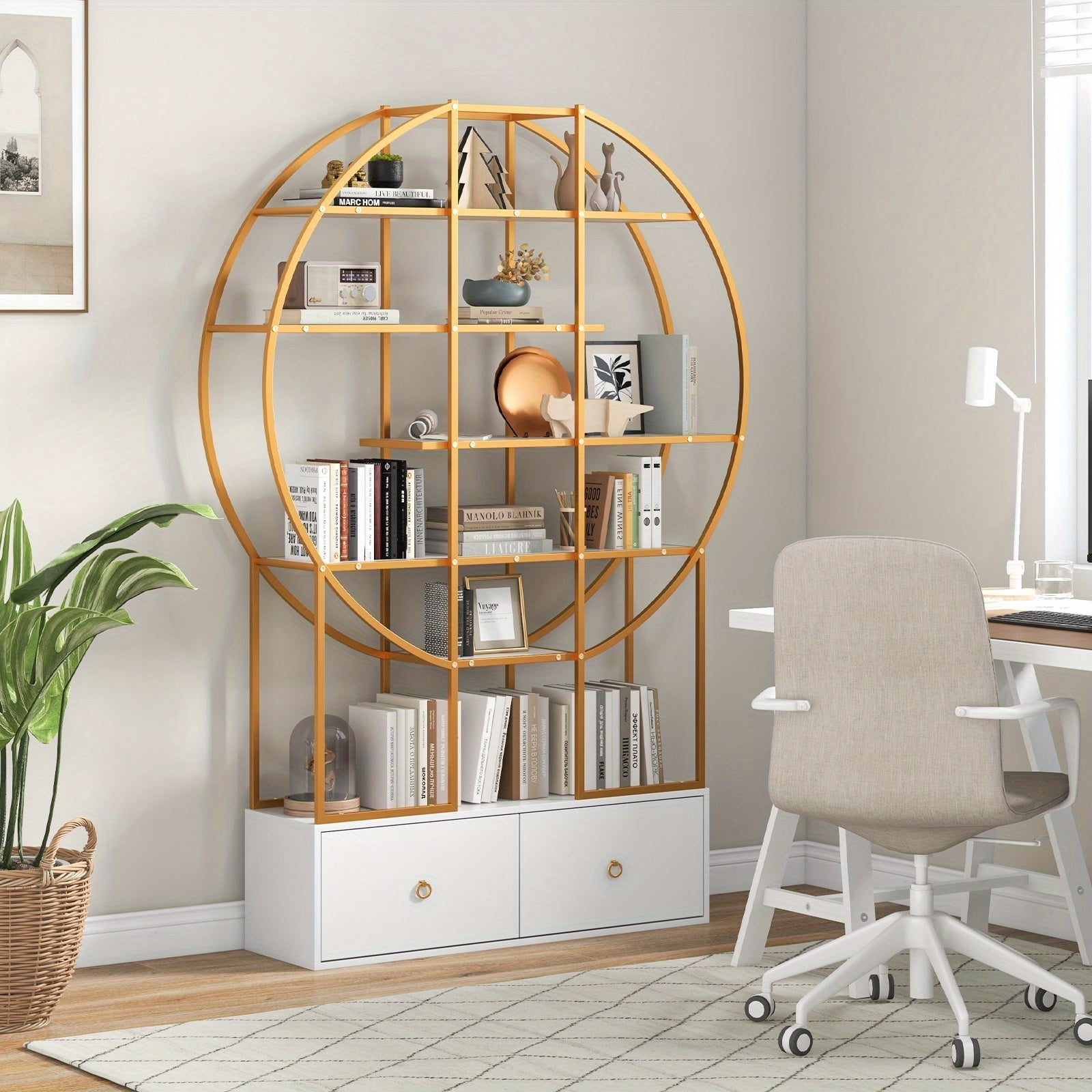 6-Tier Golden Bookshelf with 2 Storage Drawers, 71" Tall Metal & White Hardwood, Staggered Shelves for Ample Display - Modern Round Open Etagere Organizer for Home Office, Living Room