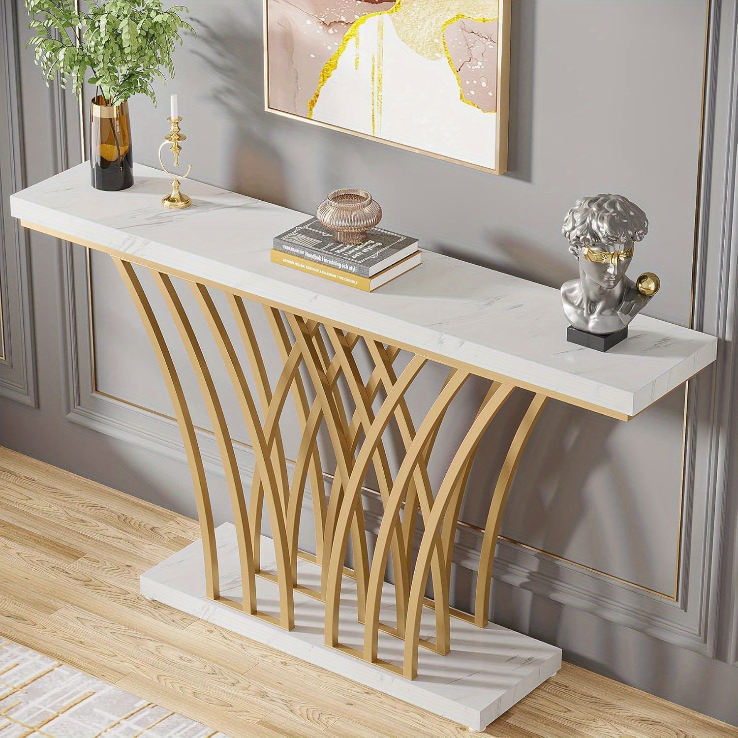 150 cm Gold Console Table, Modern Entryway Table with Grid-Shaped Metal Base for Entrance, Hallway, Entryway, Living Room (White Faux Marble & Gold)